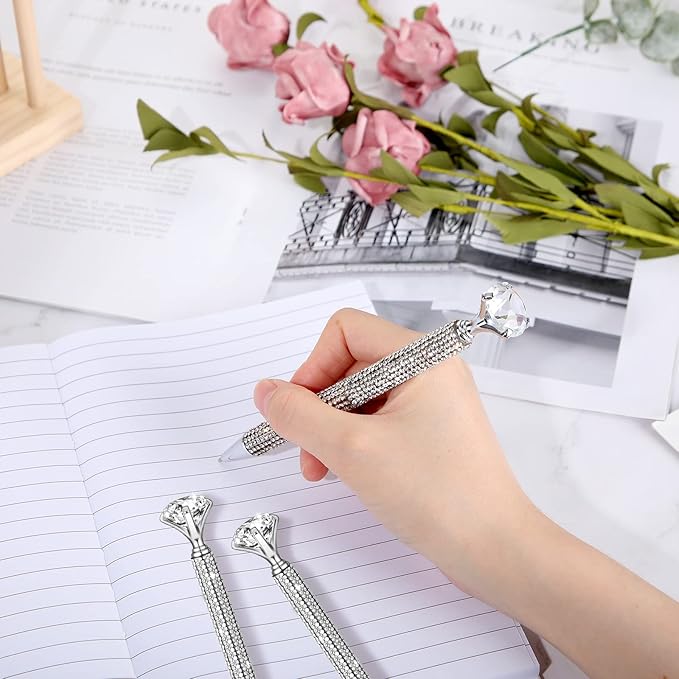 Jeyiour 6 Pcs Big Diamond Pens with Crystal Bling Rhinestone Metal Glitter Diamond Ballpoint Black Ink Pens Wedding Bridal Shower Favors for Birthday Gift Supplies(Silver)
