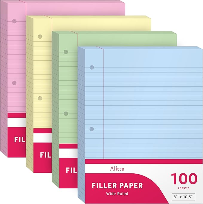 Colored Loose Leaf Paper, Wide Ruled, 400 Sheets (100/Pack) Filler Paper for Writing Notes - School, College, Office - 3 Hole-Punch Lined Sheets for Ring Binders, Pocket Folders - 8 x 10.5
