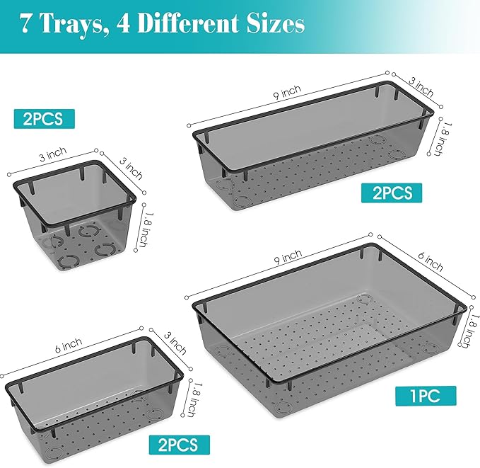 7 PCS Clear Plastic Drawer Organizers Set, 4 Size Desk Drawer Organizer Trays for Makeup, Jewelry, Kitchen Utensils, Gadgets and Office Accessories, Black