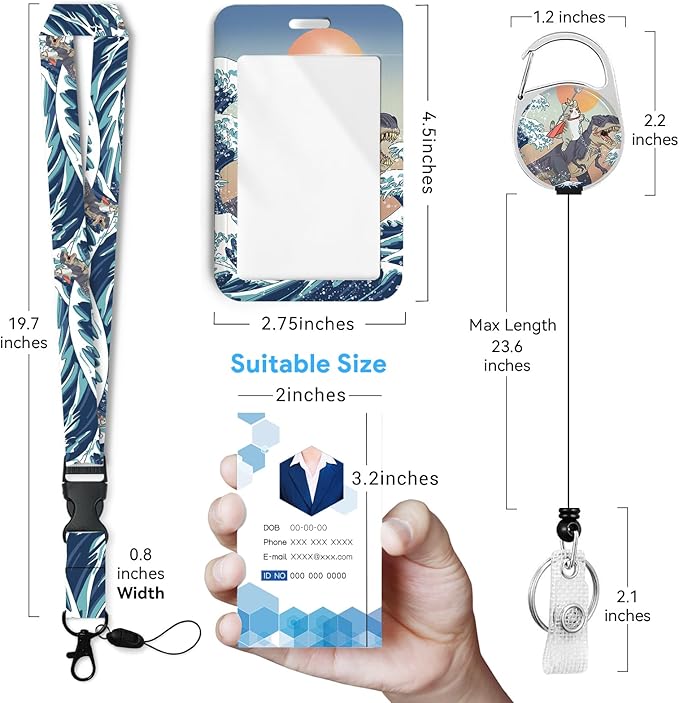 Funny Surfing Cat Badge Holder with Retractable Reel and Breakaway Lanyard,Badge Clips Retractable Heavy Duty Badge Reel,ID Holder with Breakaway Lanyard for School Nurse Office Teen