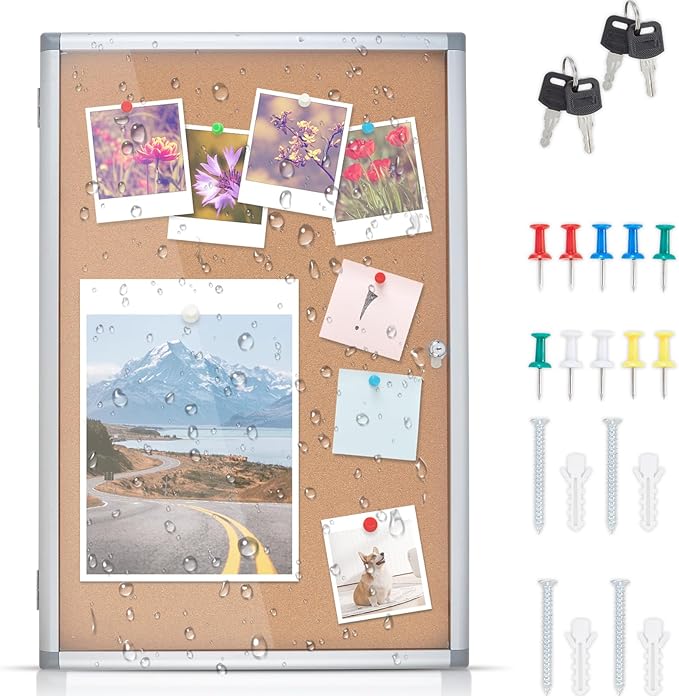 Outdoor Enclosed Cork Bulletin Board Tamper-Proof Dispaly Case, Aluminium Frame, Weatherproof Cork Noticeboard, Enclosed Cork Board for School, Office, Restaurant, Hospital etc(38 * 28inches)