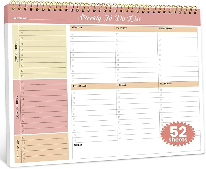 Weekly To Do List Notepad with 52 Undated Sheets(8.5"×11")- Undated Weekly Planner Notepad for Office Desk Accessories and Supplies - Sunshine Petal