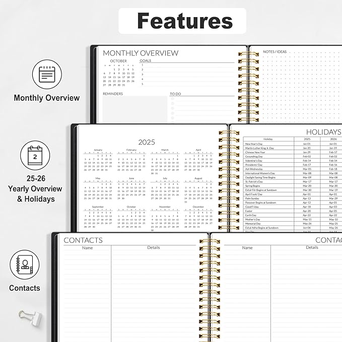 SUNEE 2-Year Monthly Planner 2025-2026 (Jan 2025 - Dec 2026) 7"x10" Monthly Spreads & Yearly Planner, Black