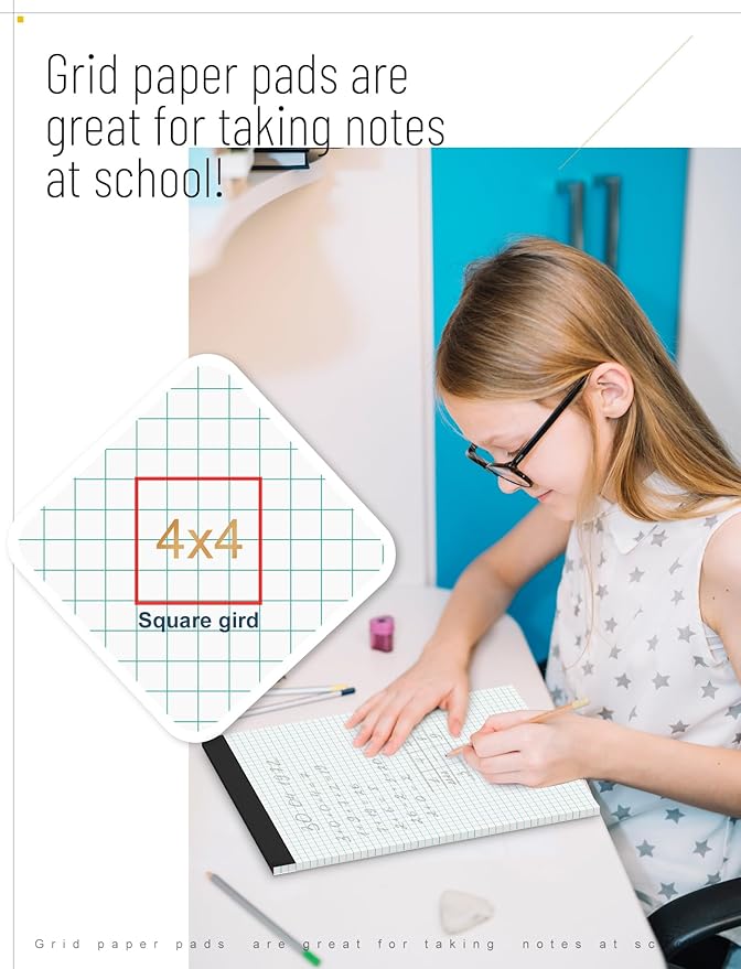 Graph Paper Pads 8.5 x 11, 8 Pack, 4x4 Quad Grid Paper Pad 8-1/2" x 11", White Quadrille Pad, Easy Tears Off Design, Grid Notebook 8-1/2 x 11, White 70 GSM Graft Paper, 30 Sheets/Pad