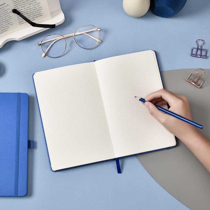 Dotted Journal/Notebook - Dot Grid Hard Cover Notebook, Premium Thick Paper with Fine Inner Pocket, Black Smooth Faux Leather, Pen Loop, 5.3'' x 8.26'' - Violet