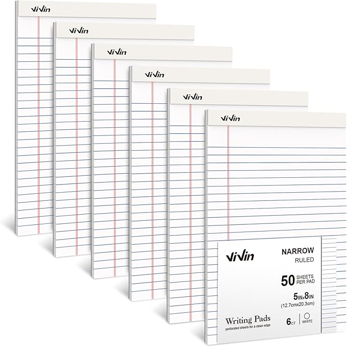 ViVin 5 x 8 Inch Note Pads, 6 Pack, Narrow Ruled, 50 Sheets Per Writing Pad, Perforated, Legal Pads Ideal for Home, Office, Business, 300 Sheets (6 Pack of 50), White Paper