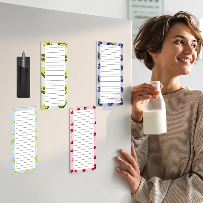 4 Pack Magnetic Note Pad for Fridge with Pen Holder, Totally 200 Sheets Magnetic To Do List, Grocery List, Shopping List, Memo Pads for Refrigerator(Fruit Design)