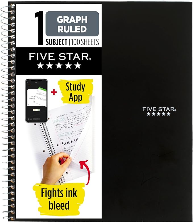 Five Star Spiral Notebook + Study App, 1 Subject, Graph Ruled Paper, Fights Ink Bleed, Water Resistant Cover, 8-1/2" x 11", 100 Sheets, Black (73679)