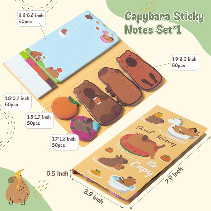 B1ykin Sticky Notes Set - Cartoon Theme Cute Self-Stick Notes Pad Teacher Appreciation Gifts, Self-Adhesive Writing Memo Pages Sticky to Do Notepad for Kids Employee School Office (Capybara)