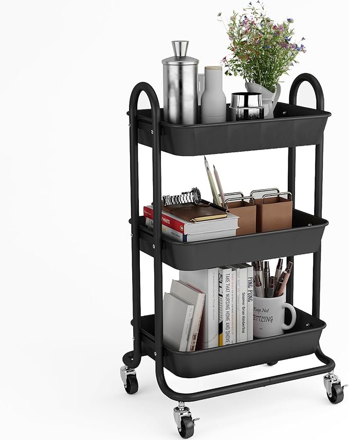 3-Tier Black Utility Rolling Cart,Kitchen Storage Carts with Wheels,Black Metal Rolling Cart for Office,Home,Kitchen,Garden๏ผ18"x11.4"x31.2"๏ผ