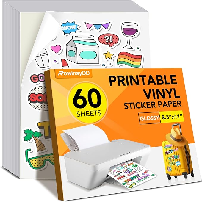 60 PCS Sticker Paper for Inkjet Printer,Printable Vinyl Sticker Paper Dries Quickly Vivid Colors,8.5"x11" Tear Resistant Printable Vinyl,Glossy White,Inkjet & Laser Printer