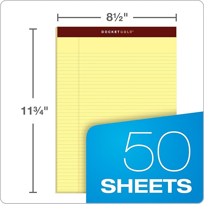 TOPS 8.5 x 11 Legal Pads, 6 Pack, Premium Docket Gold Brand, Narrow Ruled, Thick Yellow Paper, Sturdy Back, 50 Sheets, Made in USA (63941)