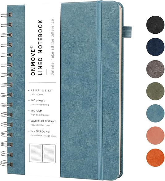 Lined Spiral Notebook Journal for Women Men 160 Pages A5 College Ruled Hardcover Leather with Pen Holder Notebook Journals for Note Taking Work Sky Blue