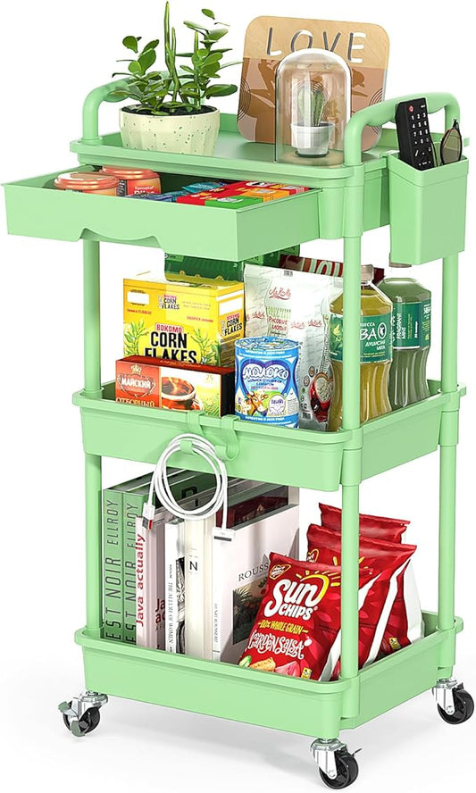 3 Tier Rolling Utility Cart with Drawer, Utility Storage Organizer with Plastic Shelf & Lockable Wheels Multifunctional Storage Cart for Kitchen, Bathroom, Office, Living Room, Green