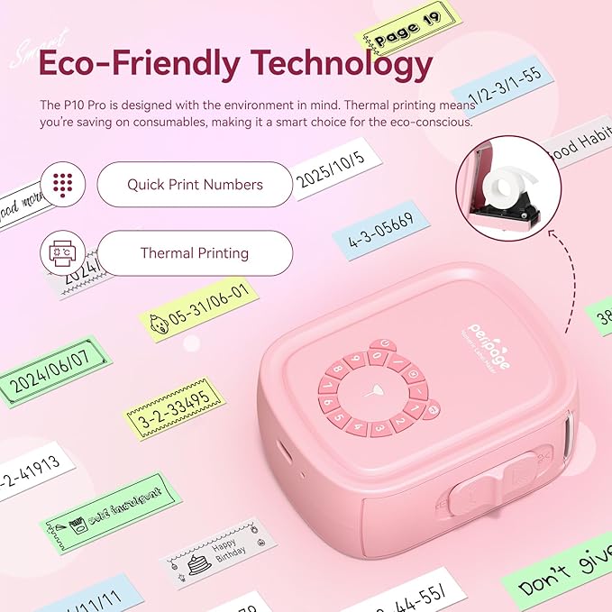 Portable Label Maker Machine P10Pro - Wireless Bluetooth Label Printer with Tape Included, Multiple Templates, Easy to Use for Office and Home Organization, USB Rechargeable(Pink)