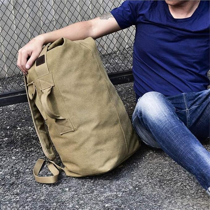 Military Duffel Bag Top Load Double Strap Canvas Backpack Army Travel (upgrade khaki small)