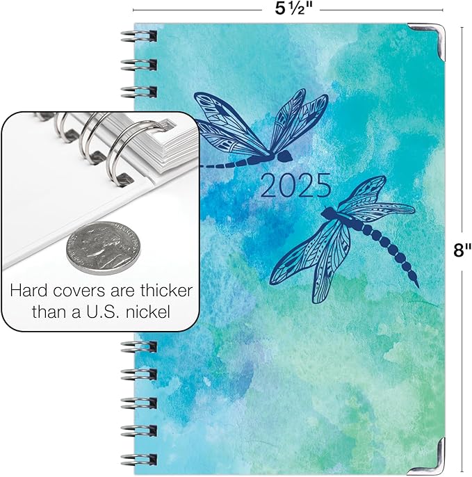 HARDCOVER 2025 Planner, 5.5"x8": 14 Months (November 2024 - December 2025), Daily Weekly Monthly Planner, Yearly Agenda, Bookmark, Pocket Folder and Sticky Note Set (Dragonflies)