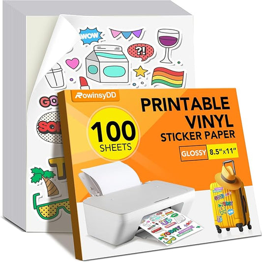 100 PCS Sticker Paper for Inkjet Printer,Printable Vinyl Sticker Paper Dries Quickly Vivid Colors,8.5"x11" Tear Resistant Printable Vinyl,Glossy White,Inkjet & Laser Printer