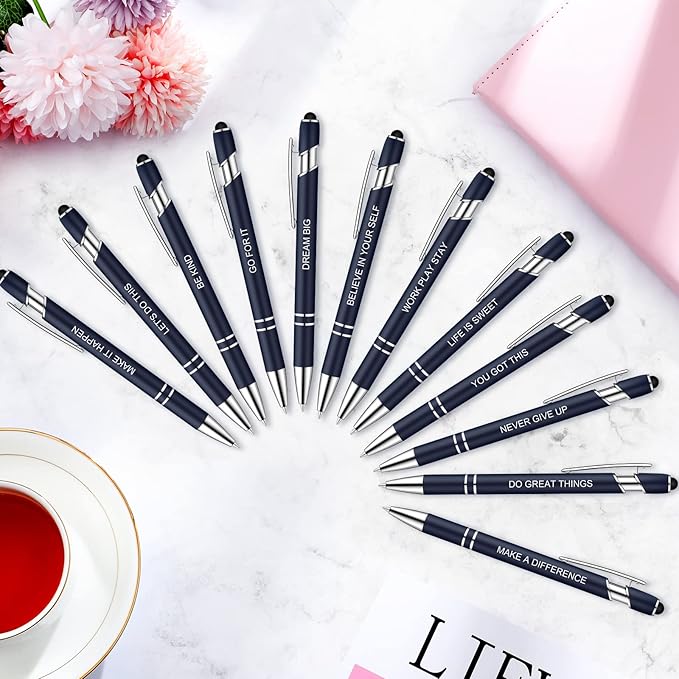 Zonon 12 Pieces Inspirational Pens Bulk Easter Basket Stuffers Motivational Quotes Ballpoint Pens with Stylus Tip Inspirational Gifts for School Office Teachers(Navy,Motivational Style)