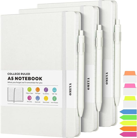 Lined Journal Notebook, 3 Pack A5 College Ruled Notebooks for Work, Hardcover Notebook Each with 2 Pockets & Pen, Leather Journal for Women, Men, 160 Pages, 100GSM Thick Paper ( White 5.7" x 8.3" )
