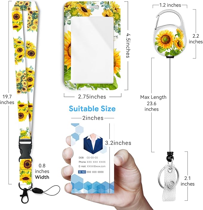 Sunflower Badge Holder with Retractable Reel and Breakaway Lanyard,Badge Clips Retractable Heavy Duty Badge Reel,Funny Keychain,ID Holder with Breakaway Lanyard for School Nurse Office Teen