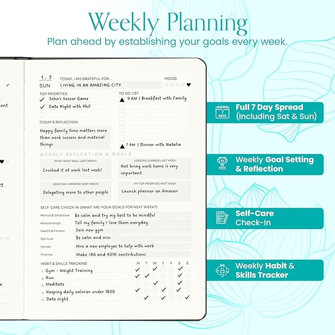 2025 Planner, Daily Journal & Gratitude Journal All-In-One with To Do List, Self Care Prompts & Habit Tracker - 5.8 x 8.3 - Teal