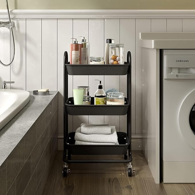 3-Tier Black Utility Rolling Cart,Kitchen Storage Carts with Wheels,Black Metal Rolling Cart for Office,Home,Kitchen,Garden๏ผ18"x11.4"x31.2"๏ผ