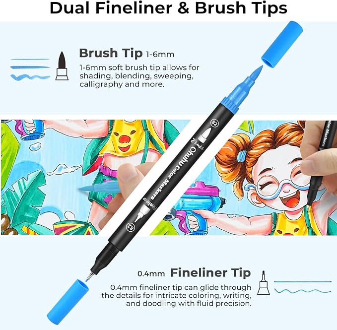 Ohuhu Markers for Adult Coloring Books No bleeding 120 Colors Coloring Markers Water-based Dual Tips Fineliner & Brush Drawing Pens Art Markers for Kids Adults Sketch Journal - Maui - Black