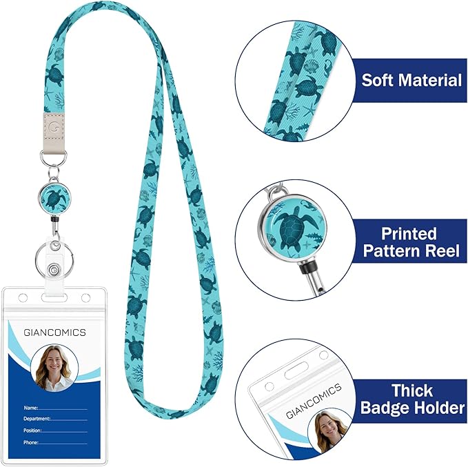 Giancomics Lanyards for Cruise Ships Cards Key, Turtle Lanyards with Retractable Badge Reel, Cute Waterproof ID Badge Holder Cruise Essentials Must Haves Zip Type Card Protector 2 Pack