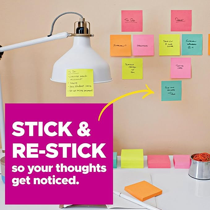 Post-it Super Sticky Notes, 8 Sticky Note Pads, 1.875 x 1.875 in., School Supplies, Office Products, Sticky Notes for Vertical Surfaces, Monitors, Walls and Windows, Supernova Neons Collection