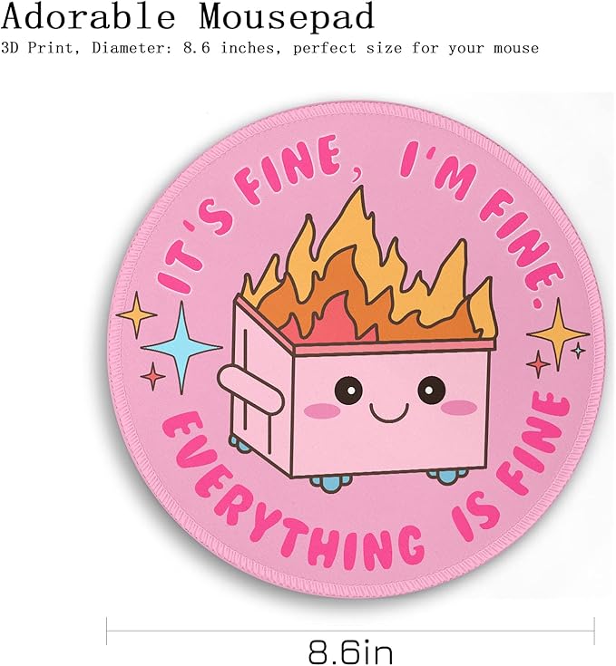 Funny Round Mouse Pad for Desk, Cute Office Decor for Women, Dumpster on Fire Small Mousepad,Stitched Edge Non-Slip Rubber Base, Personalized Computer Mouse Pads for Wireless Mouse,Desk Accessories