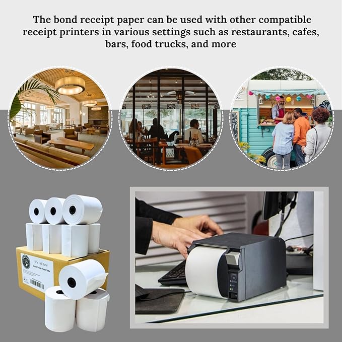 3" x 150' 1-Ply Bond Receipt Paper Rolls - For Kitchen Printers-TMU200 SRP275 Star SP700 - Darker & Clearer Prints - Efficiently for Kitchen Tickets & Order Receipts (12 Rolls)
