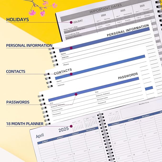 Cheneyboo 2024 Calendar Planner: July 2024-December 2025 Calendar Planner 2024-2025, 7.6"x10.2" Larger Size Planner with Double Inner Pocket, 18 Month Calendar Planner, Black