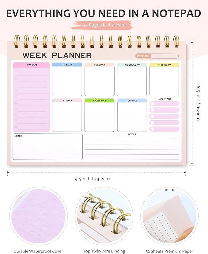Weekly To Do List Notepad with 52 Undated Tear Off Sheets(6.5"×9.5"), Desk Notepad with Multiple Sections, Planning Notepad Calendars for Student Office and Homes