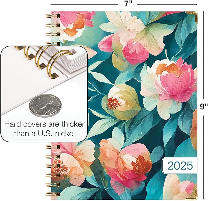 HARDCOVER 2025 Planner, 7"x9": 14 Months (November 2024 - December 2025), Daily Weekly Monthly Planner, Yearly Agenda, Bookmark, Pocket Folder and Sticky Note Set (Teal Floral)