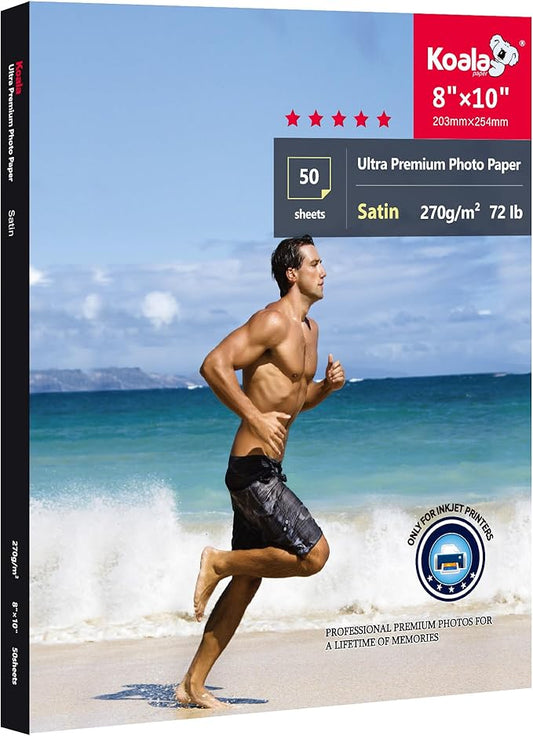 Koala Ultra Premium Photo Paper 8 x 10 In Satin Photo Printer Paper for Inkjet Printer Water-Resistant Semi Gloss 50 Sheets 72lb