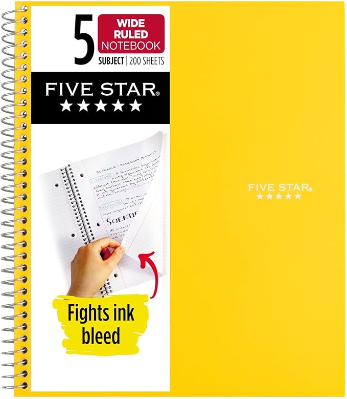 Five Star Spiral Notebook, 5 Subject, Wide Ruled Paper, Fights Ink Bleed, Water Resistant Cover, 8" x 10-1/2", 200 Sheets, Color Will Vary (05206)