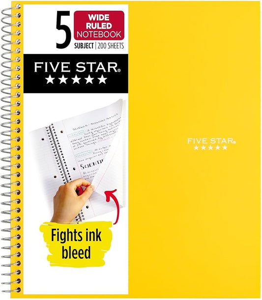 Five Star Spiral Notebook, 5 Subject, Wide Ruled Paper, Fights Ink Bleed, Water Resistant Cover, 8" x 10-1/2", 200 Sheets, Color Will Vary (05206)