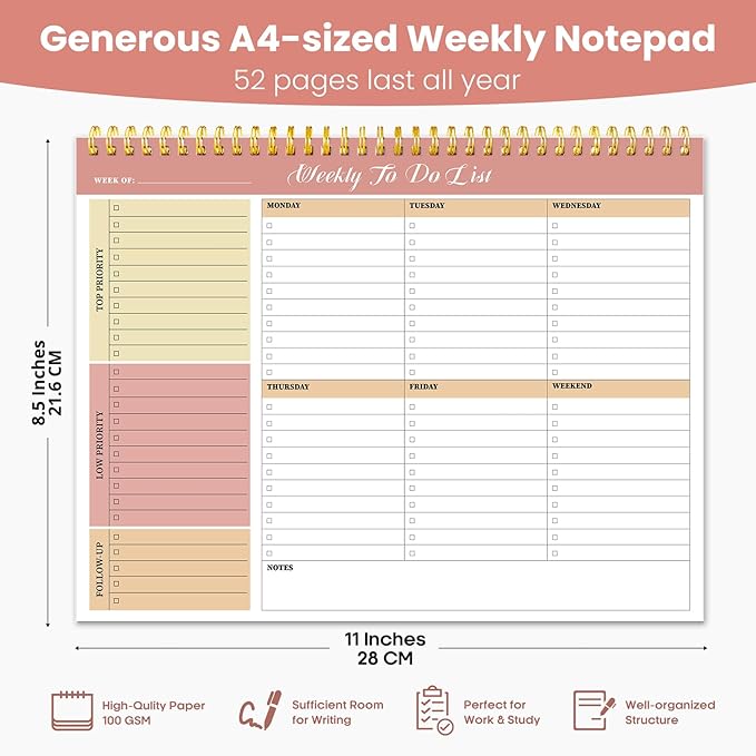 Weekly To Do List Notepad with 52 Undated Sheets(8.5"×11")- Undated Weekly Planner Notepad for Office Desk Accessories and Supplies - Sunshine Petal