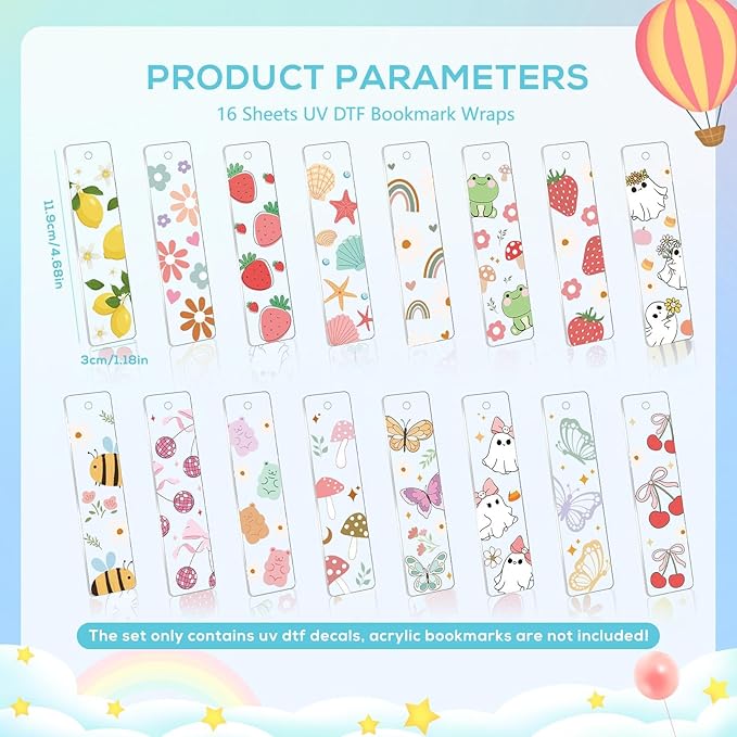 Luvsweeets Fruit UV DTF Bookmark Wraps - 16 Sheets Cute UV DTF Decals for Acrylic Bookmarks Ghost Butterfly Strawberry Flower UVDTF Decals DIY Blank Bookmarks Rub on Transfers Stickers for Book Lover
