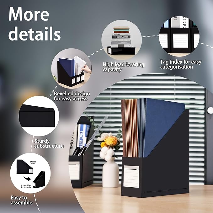 Magazine File Holder( 3Pack,Black) Paperboard Book Organizer- Desk Magazine File Organizer for Home, Office, Classroom-Storage Box for Dounments with Label Stickers.