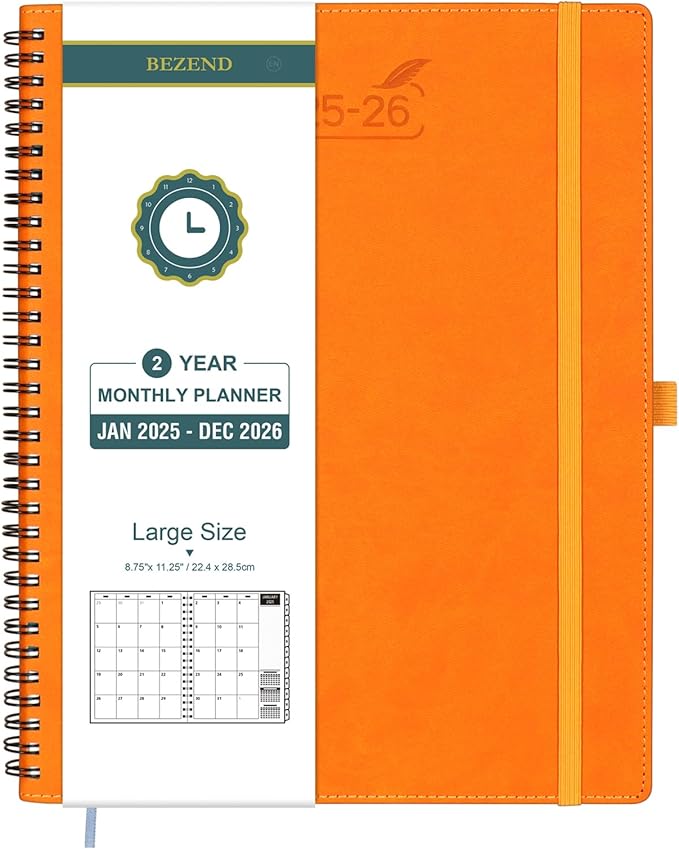 BEZEND Monthly Planner 2025-2026, Large size, 2 Year Monthly Calendar 8.5" x 11" - 120 GSM Thick Paper - Spiral Planner with Pockets, Tabs, Calendar with Note Sections, Pen Loop, Softcover - Orange