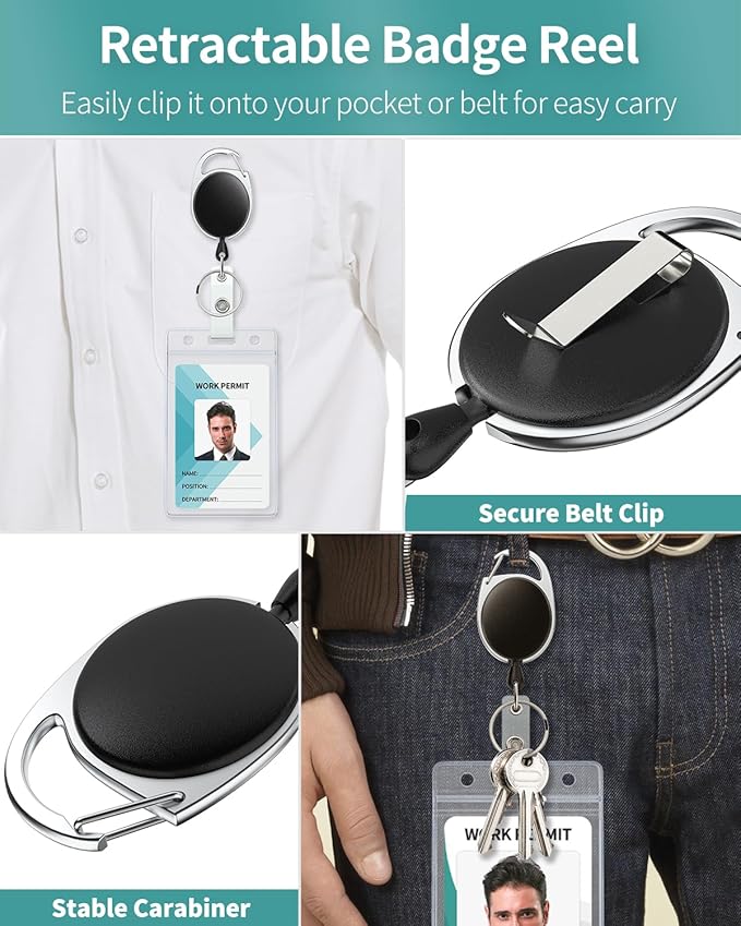 Uniclife 5 Pack Retractable Badge Reel for Badge Holder Heavy Duty Retractable Keychain Strong ABS Casing with Stainless Steel Spring Coil 24 Inch Nylon Rope Carabiner Clip and Key Ring