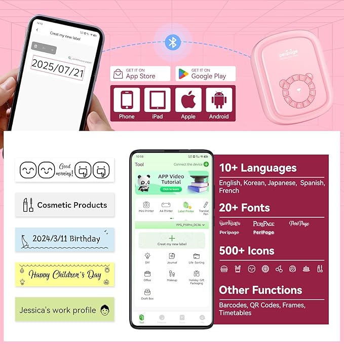 Portable Label Maker Machine P10Pro - Wireless Bluetooth Label Printer with Tape Included, Multiple Templates, Easy to Use for Office and Home Organization, USB Rechargeable(Pink)