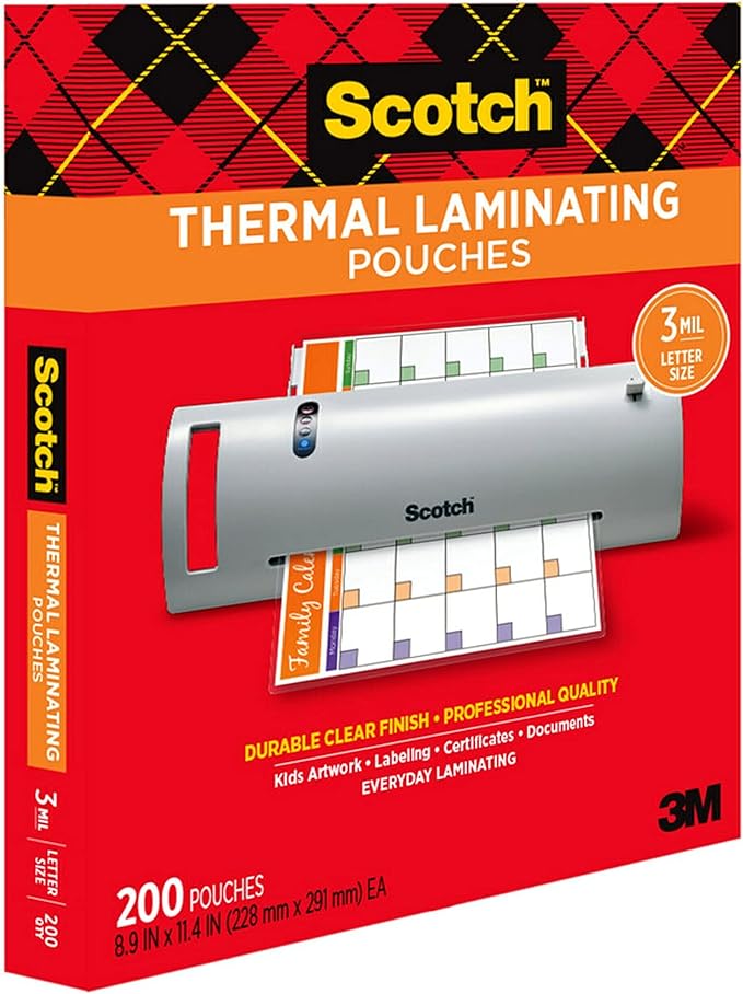 Scotch Thermal Laminating Pouches, 200 Pack Laminating Sheets, 3 Mil, 8.9 x 11.4 Inches, Holiday & Craft Supplies, For Use With Thermal Laminators, Letter Size Sheets