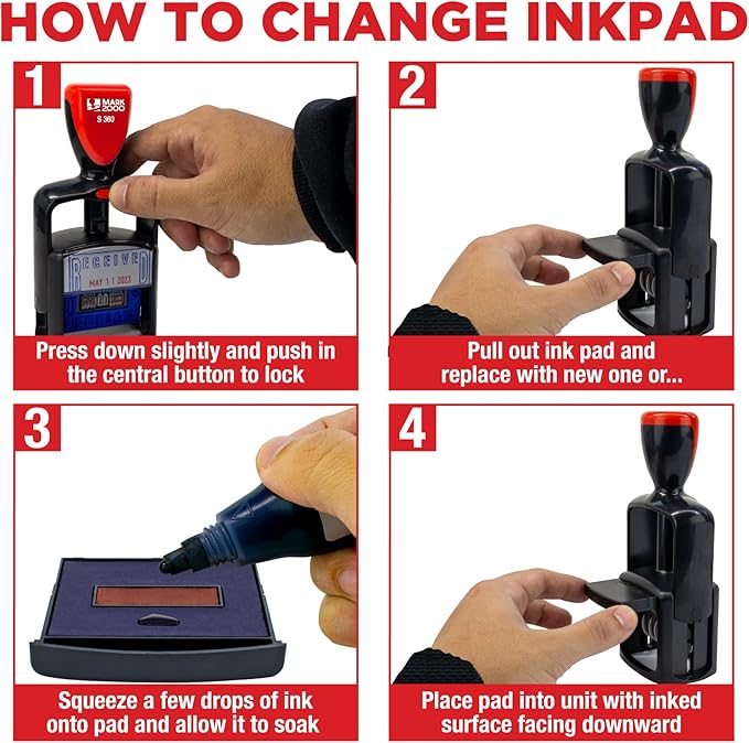 Self-Inking Rubber Date Office Stamp with Entered Phrase - Red Ink - 12-Year Band