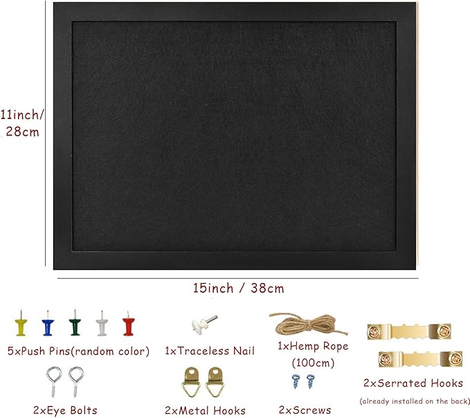 2PCS Black Bulletin Boards Cork Board with Felt, 15"x11" Small Display Pin Board Vision Board for Walls, Jewelry, Notes, Collection, Photos, Office, Wood Framed(Black) & Felt(Black), 2p