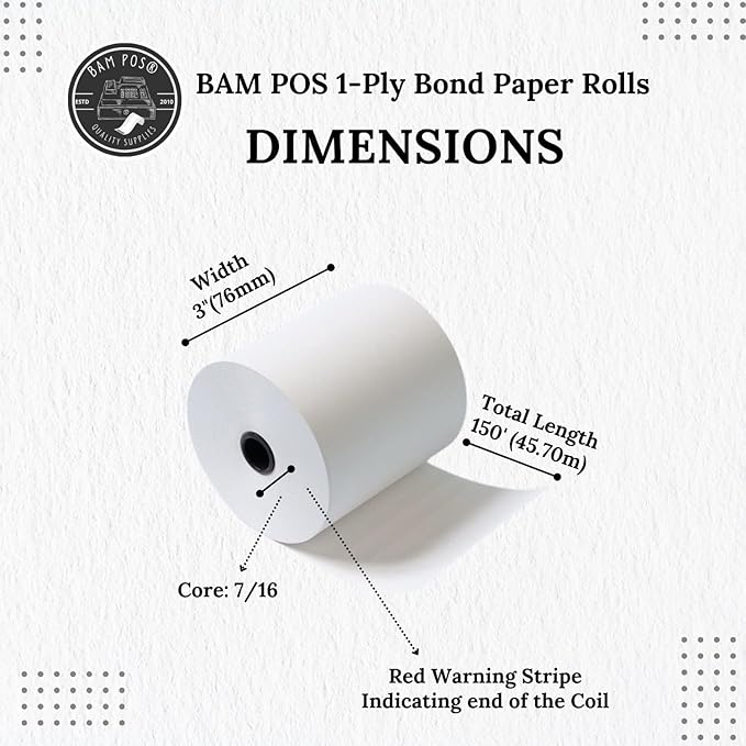 3" x 150' 1-Ply Bond Receipt Paper Rolls - For Kitchen Printers-TMU200 SRP275 Star SP700 - Darker & Clearer Prints - Efficiently for Kitchen Tickets & Order Receipts (12 Rolls)