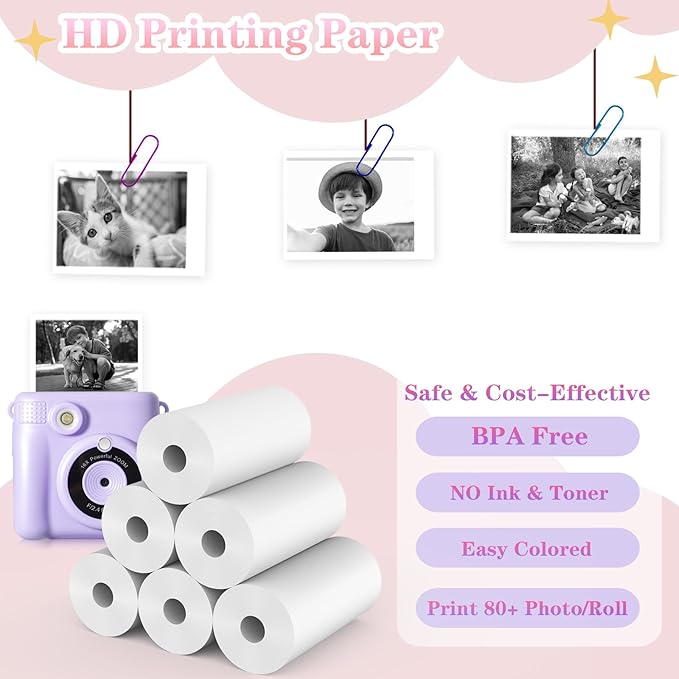 6 Rolls Kids Camera Instant Print Refill Paper Set, Phetium HD Printing Thermal Paper for Most Kids Instant Camera Photo Print (White-6 Rolls)