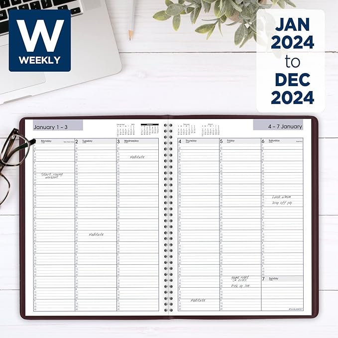 AT-A-GLANCE 2024 Weekly Planner, DayMinder, Quarter-Hourly Appointment Book, 8" x 11", Large, Burgundy (G5201424)